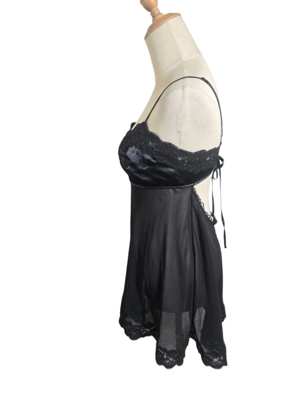 Victoria's Secret Black Lace-Trim Satin Sheer Nightie